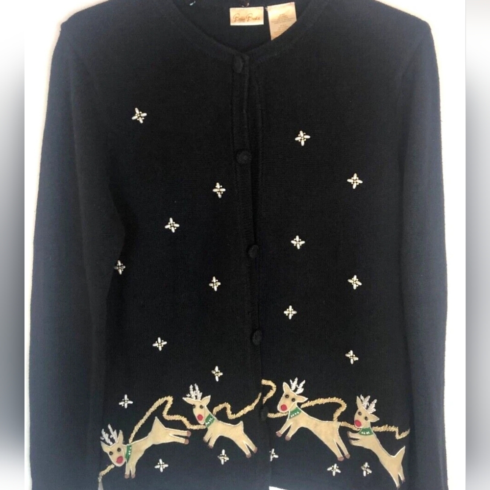 Vintage Lemon Grass "Rudolph" reindeer Cardigan Small Black Detach Scarf - Picture 15 of 16
